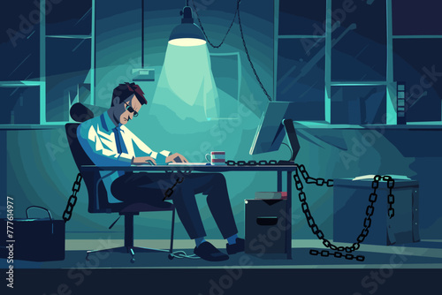 Overworked businessman neglecting personal life and health, chained to desk and working late due to workaholism