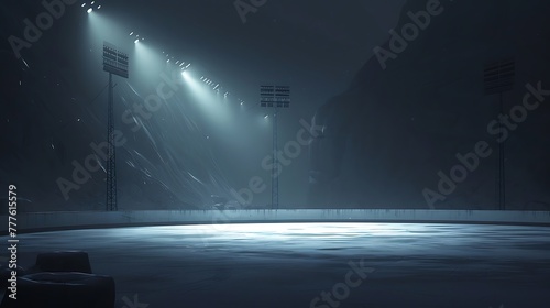 Illustrate an eerie yet captivating scene of a lone ice hockey rink illuminated by spotlights attractive look
