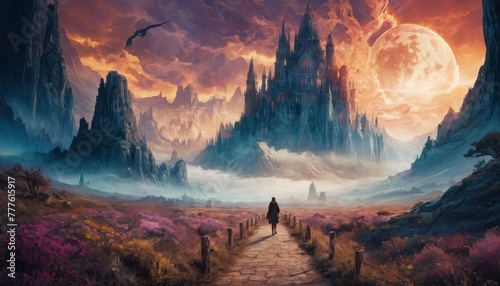 An adventurer approaches a majestic castle amidst a surreal landscape under a vast crimson moon, evoking a sense of epic fantasy.