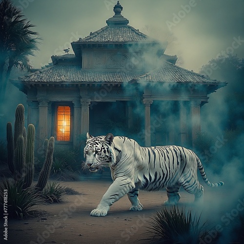 White Tiger by a desert house