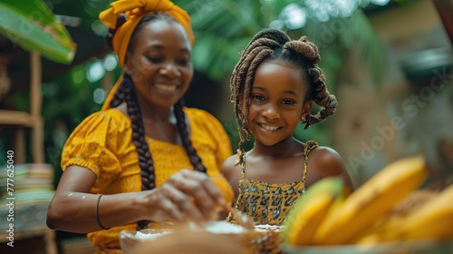 Young black jamaican girl baking with her grandmother.