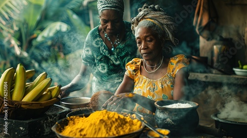 Young black jamaican girl baking with her grandmother.