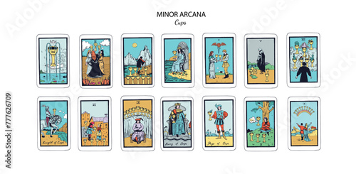 Tarot cards vector deck . Minor Arcana Cups set. Occult esoteric spiritual Tarot Ace, King, Queen, Knight, Page, Two through Ten signs. Isolated colored hand drawn illustrations 