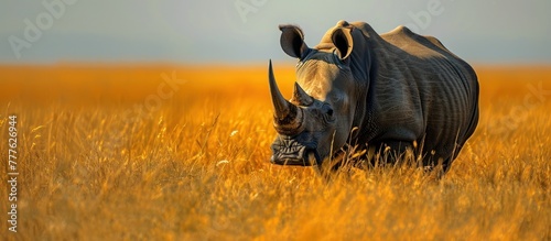 A strong rhinoceros standing amidst tall grass in a field.
