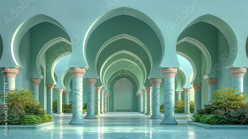 Depicts a courtyard with columns and horseshoe arches