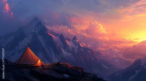 a scene capturing the magic of a tent on a mountain peak at sunset, with the sky painted in hues of orange and pink attractive look