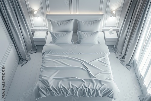 Aerial view of white bedroom with bed.