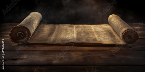 Sacred Scroll Resting on a wooden surface, an unrolled parchment reveals the Torah or Pentateuch, a revered text in Judaism or Christianity, its ancient words inscribed on weathered parchment