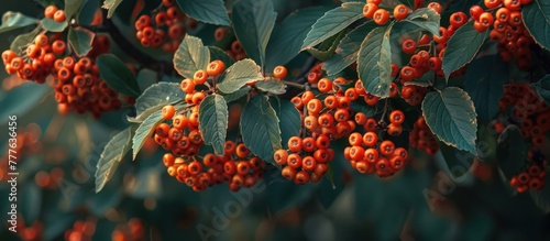 A cluster of vibrant red berries hanging from a tree branch, adding a burst of color to the natural setting.