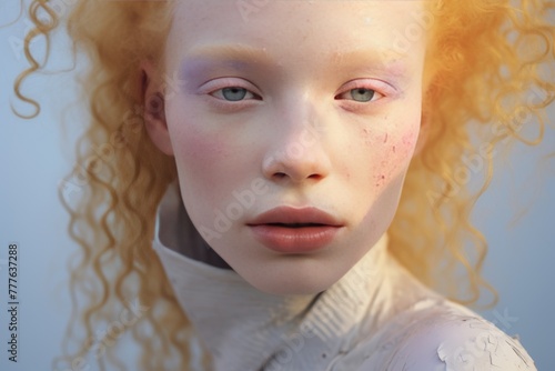 fashion portrait of a young albino female model with delicate modern makeup,