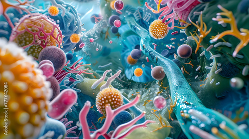 colorful bacteria and infections close up under a microscope