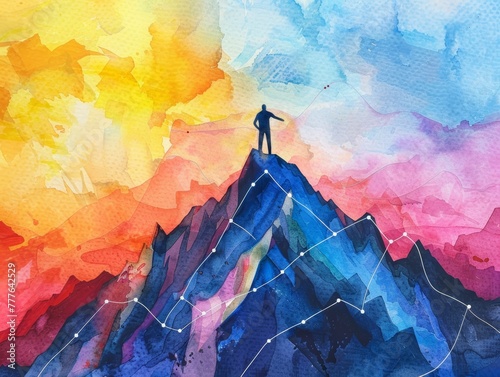 A silhouette conquers a graph mountain at sunset, a watercolor metaphor for reaching corporate peaks