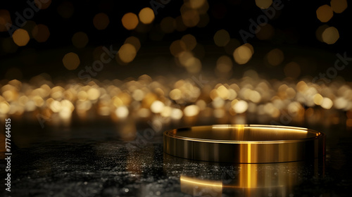 golden podium mockup on black background and golden bokeh with space for text