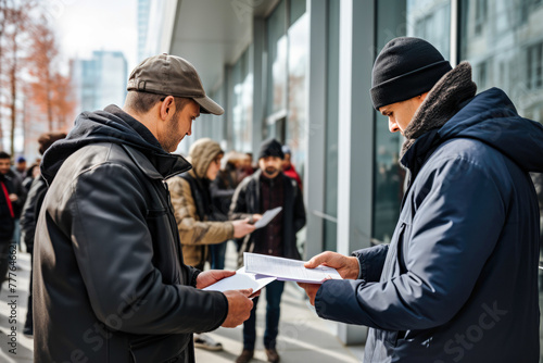 Adult volunteer in warm clothing, man in jacket collecting signatures. Concept of conservation initiative, environmental petition, promoting corporate sustainability outdoors in winter