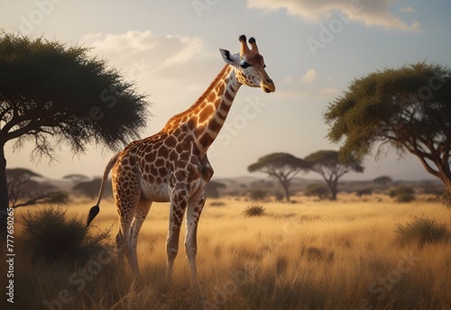 Wild African giraffe in an open savannah