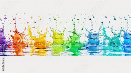 A long banner with a row of colorful water splashes. Each splash is a different color of the rainbow, creating a vibrant and lively pattern against the white background.