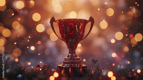 a visually stunning scene with an elegant red and gold trophy cup taking center stage, illuminated by a soft blur of lights in the background attractive look
