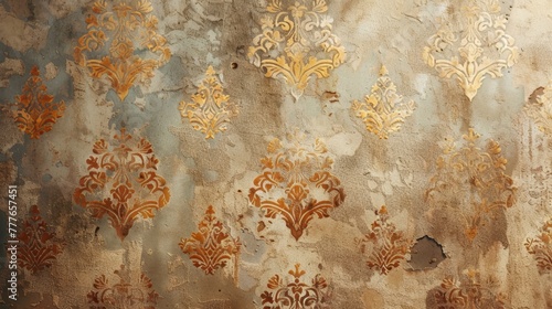 Aged and peeling golden damask wallpaper reveals the passage of time on a once grand and now weathered wall.