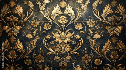 Luxurious gold floral damask pattern embossed on a dark textured background, embodying sophistication and classic style.