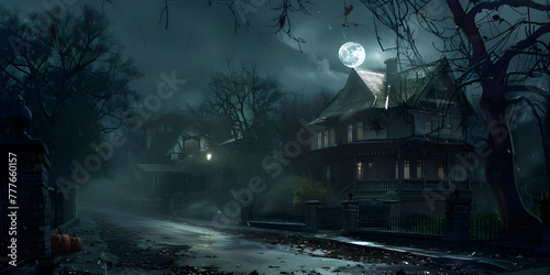 Halloween background with haunted house and full moon, Horror House - Ai Generated