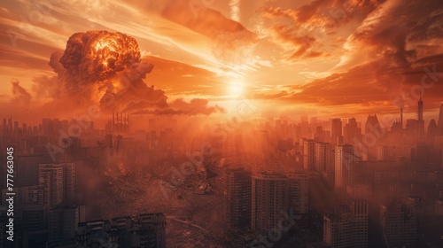 Nuclear explosion in a big city. Fire mushroom cloud. Atomic bomb blast. Apocalypse, world war. AI Generated