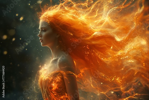 Woman as the element of fire, goddess of fire, flaming dress and hair