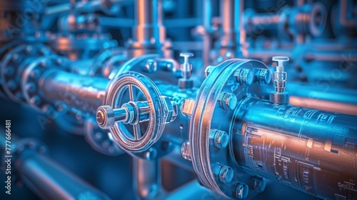 Close-up of industrial pipes and valves on blue toned background