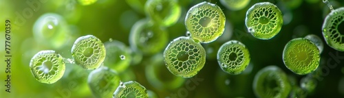 Close-up of Volvox algae displaying their beautiful, spherical colonies, with a focus on the daughter colonies inside