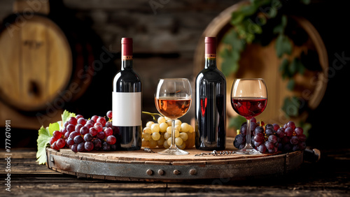 Two bottle of red wine next to two poured glasses, with a bunch of blue grapes on a wine barrel as a table, wine cellar as a background.