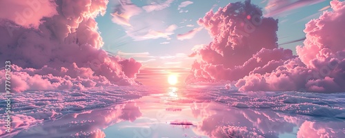 A beautiful pink sky with clouds and a sun reflecting on the water