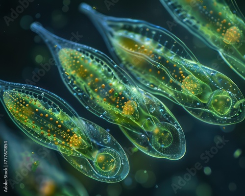 Close-up of a euglena colony, focusing on the greenish hue and flagella, through differential interference contrast microscopy