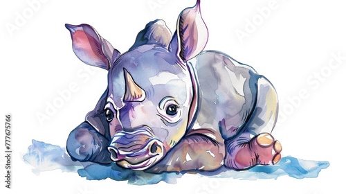 Adorable Watercolor Painted Baby Rhinoceros Generative AI