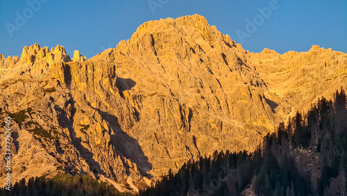 Scenic sunrise view of majestic mountain peak of Dreischusterspitze in untamed Sexten Dolomites, South Tyrol, Italy, Europe. Hiking in panoramic Fischleintal (Val Fiscalina), Italian Alps. Wanderlust