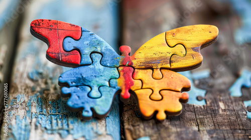 Vibrant puzzle pieces forming a butterfly autistic symbol on a weathered wooden surface