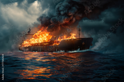 A ship carrying oil is engulfed in flames, billowing thick smoke into the sky as it sits ablaze in the vast expanse of the ocean.