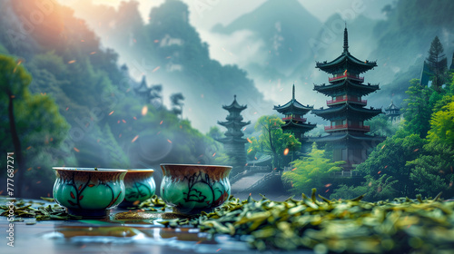 Two ceramic tea cups surrounded by tea leaves with pagodas in a misty mountain landscape at sunrise