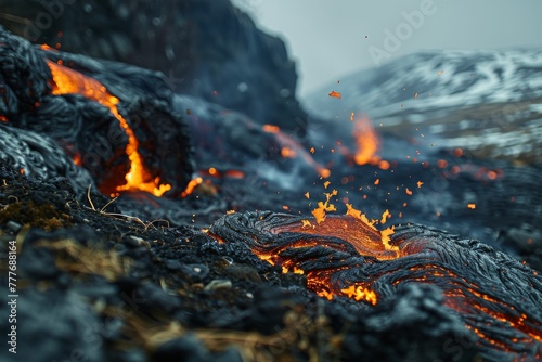 The Fiery Display of a Volcanic Eruption Amidst Rugged Terrain.