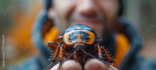Man holding a Madagascar hissing cockroach outdoors. Gentle interaction with nature. Concept of exotic pets, entomology, wildlife handling, outdoor learning, and insect education.