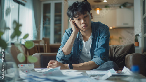 Business financial concept, owe asian young man, male sitting on couch stressed hand calculate expense on table at home from invoice or bill have no money to pay mortgage or loan, debt bankruptcy.