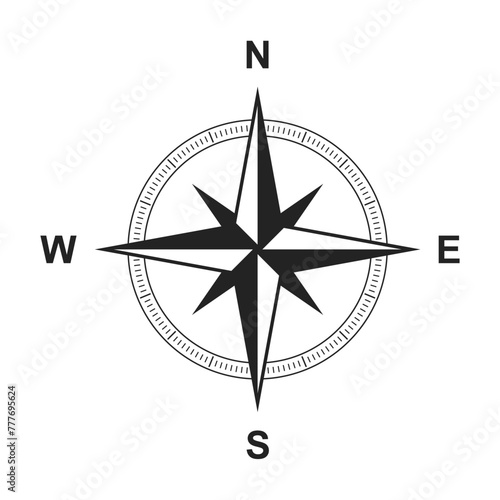 Vintage marine wind rose, nautical chart. Monochrome navigational compass with cardinal directions of North, East, South, West.