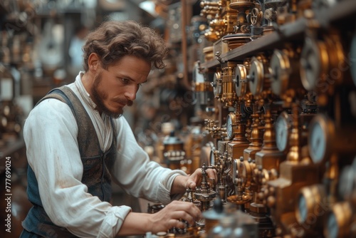 A steampunk-inspired inventor in a workshop filled with brass gadgets and gears, working on a time-travel device.