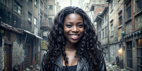 portrait of happy black fashion woman with long hair in ghetto backdrop