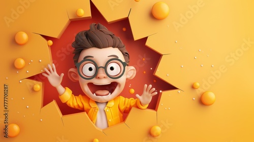 Vector art character, smilling, popping out of a flat design into 3D space,