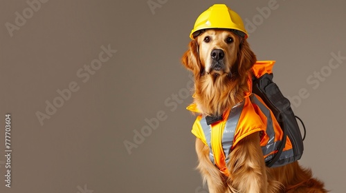 A diligent golden retriever, embodying the spirit of World Safety Day, wearing a reflective safety jacket and a sturdy yellow safety helmet.