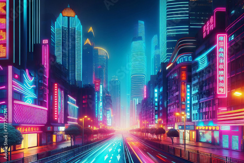 Neon futuristic synthwave city background. Cyberpunk cityscape with neon light glowing effect. Night street, 80's vaporwave style, disco music