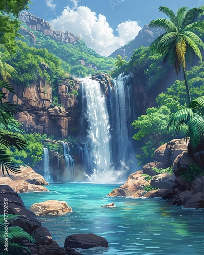 Rainforest waterfall oasis, lush greenery, exotic location, tranquil nature, background, wallpaper