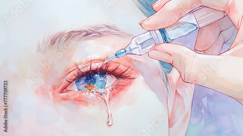 Woman drips eye drops into eye for allergies, closeup, in watercolor style