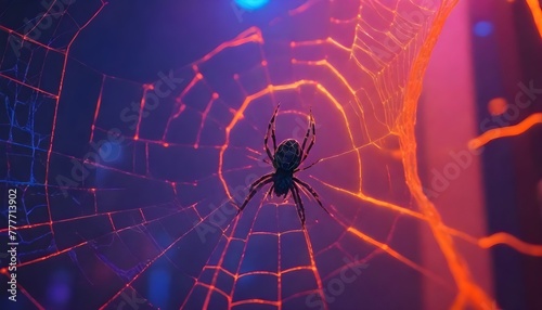 Close-up of a spider web with purple lighting against a dark background