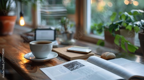 On a wooden table by the window there is a cup of steaming coffee with a magazine. Morning aromatic drink