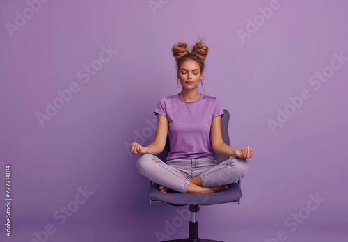 simply woman meditating on an office chair isolated over purple color background